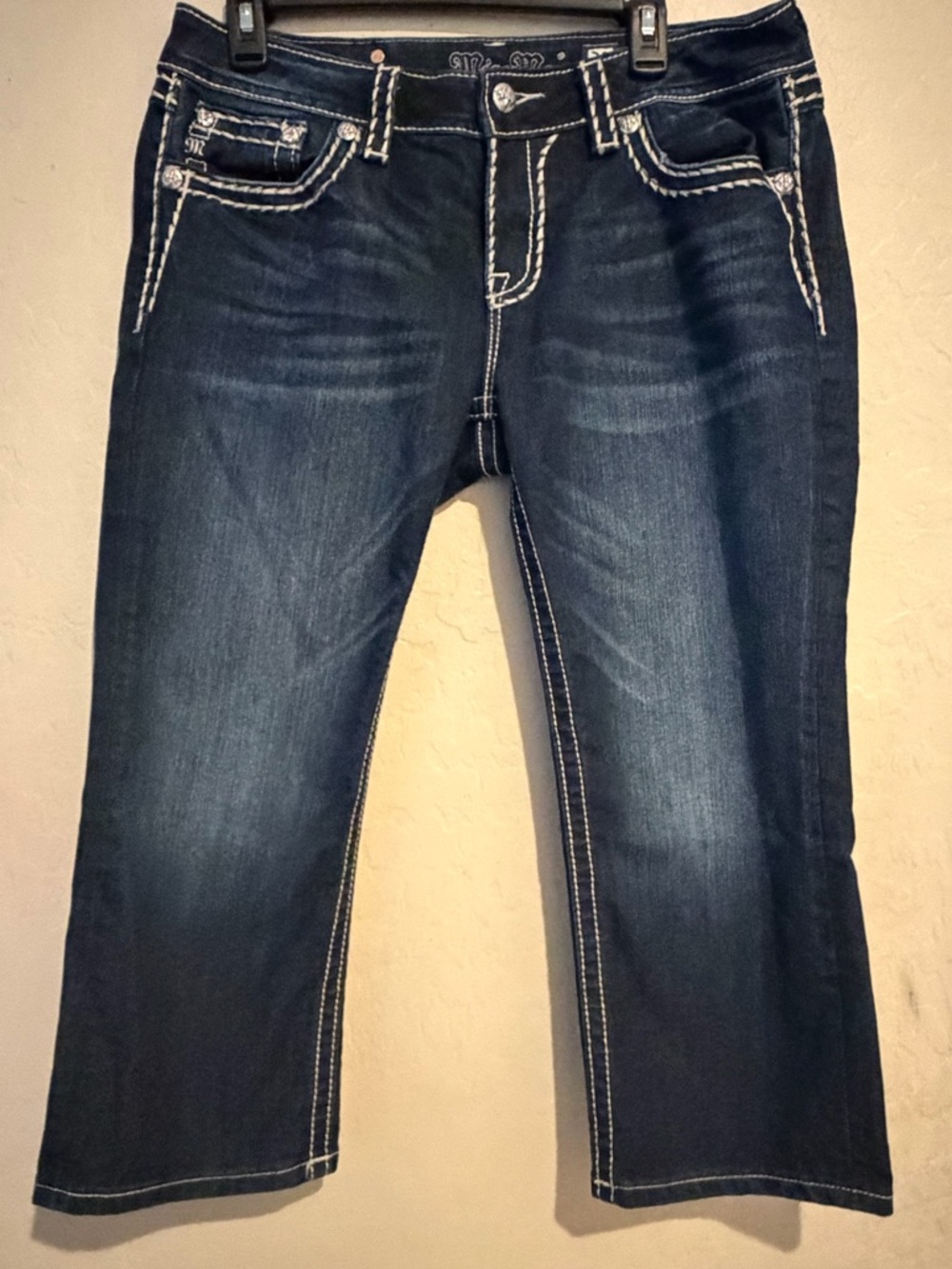 Miss Me Cuffed Capri Jeans Dark Wash Thick Stitch Flap Pocket Y2K- Size 32 - Picture 2 of 6